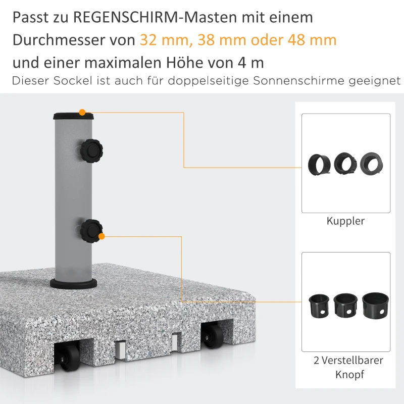 Outsunny Sonnenschirmständer aus Granit, 38,5 kg, Räder, für Schirmmasten 32/38/48mm, Grau