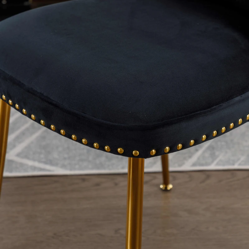 Lot de 2 chaises de salle à manger en velours, dossier haut avec dossier bouclé et pieds en métal, pour salon, salle à manger, cuisine, Noir