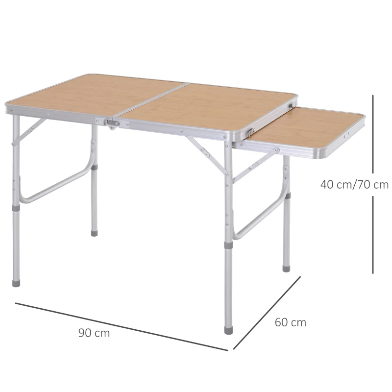 Table de camping pliante avec rallonge alu. MDF imitation bambou