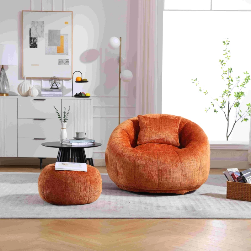 Fauteuil relax pivotant rond confortable avec repose-pieds, rotation à 360° et mousse haute densité pour salon et chambre à coucher, Orange