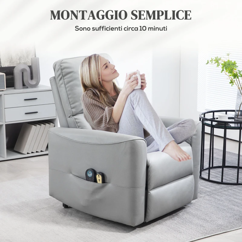 HOMCOM Poltrona Alzapersona Reclinabile con 8 Punti Massaggio, Riscaldamento e Telecomando, Grigio Chiaro