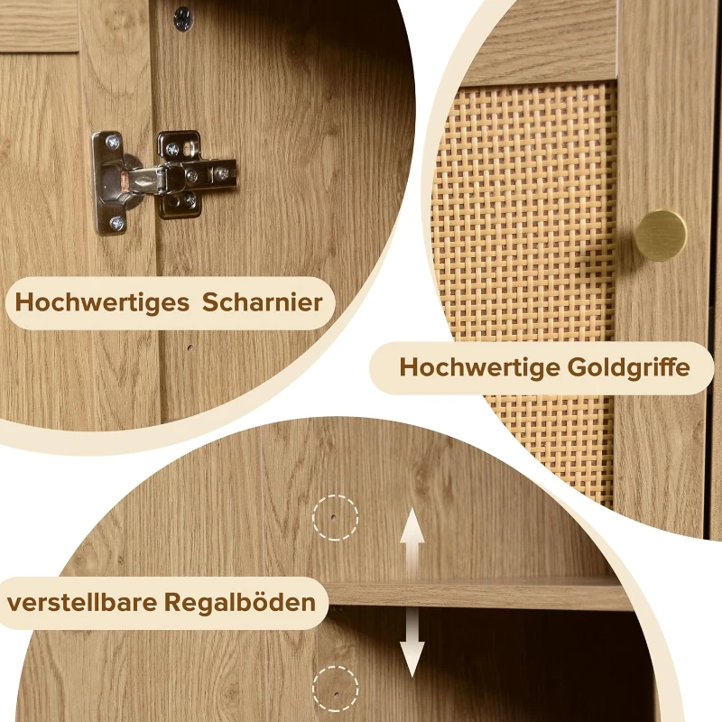 Credenza Portabottiglie Effetto Legno con 2 Ante in Rattan e Ripiani Regolabili, Quercia