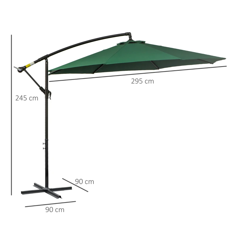 Outsunny Chapéu de Sol de Jardim Ø295x245cm Chapéu de Sol Excêntrico Inclinável com Manivela Base Cruzada Suporte de Aço Verde