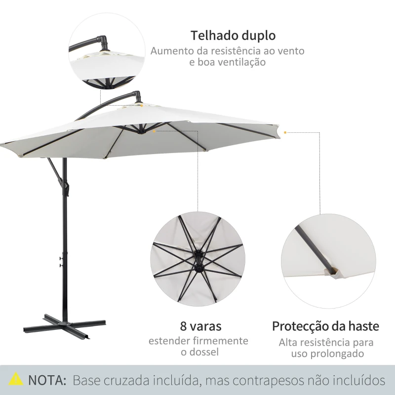 Outsunny Chapéu de Sol de Jardim Ø295x245 cm Chapéu de Sol Excêntrico Inclinável com Manivela Base Cruzada Creme