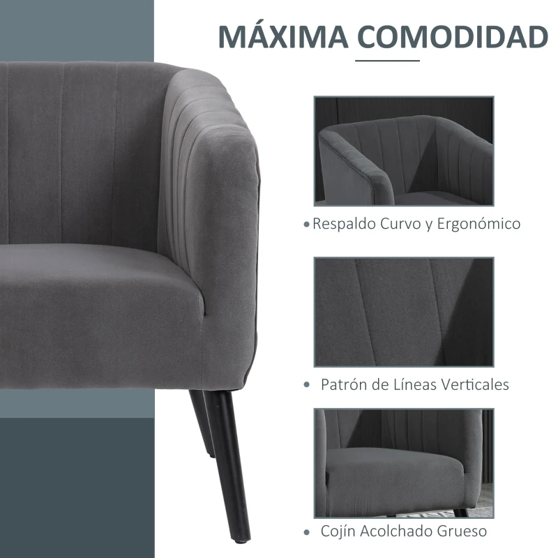 HOMCOM Sillón Nórdico Acolchado Silla Individual Tapizada en Terciopelo Vintage de Madera con Patas y Reposabrazos 71x65x76 cm Gris