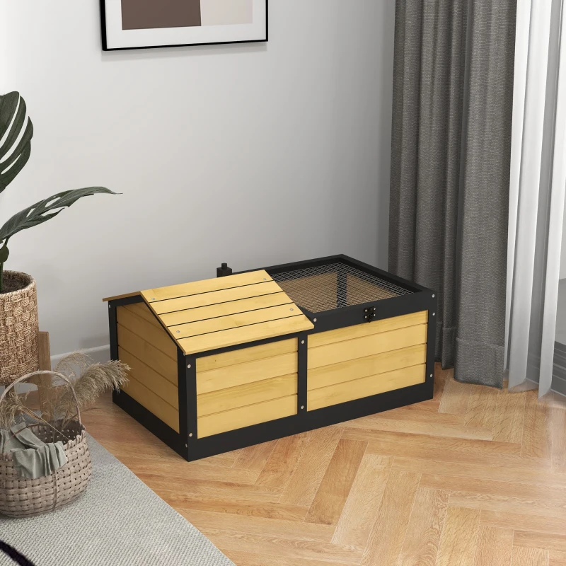 PawHut Wooden Tortoise House, Small Pet Reptile Shelter, with Hide Den and Run - Yellow