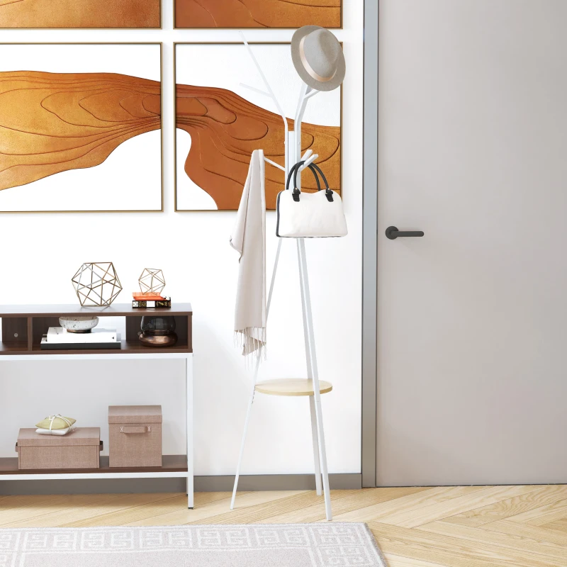 HOMCOM Cabide de Pé Metálico para Pendurar Roupa Bolsas com 9 Ganchos e Prateleira Cabide de Pé Moderno 45x45x180 cm Branco