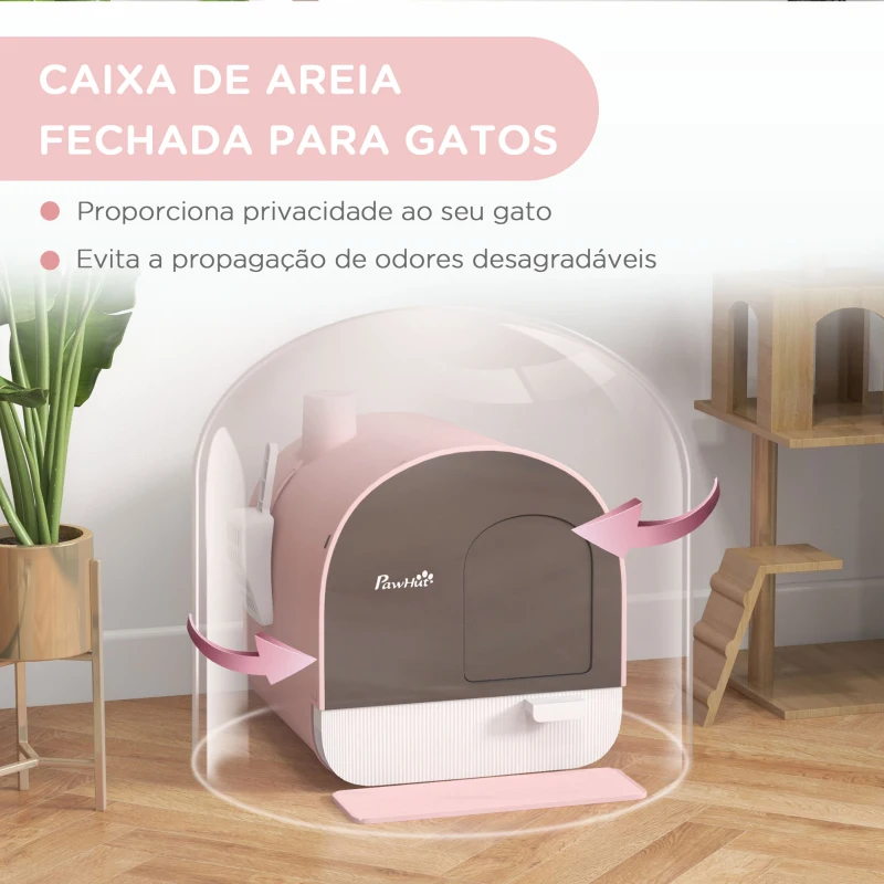 PawHut Caixa de Areia para Gatos com Porta Dianteira Bandeja Removível Pá Tapete e Filtro 43x44x47 cm Rosa