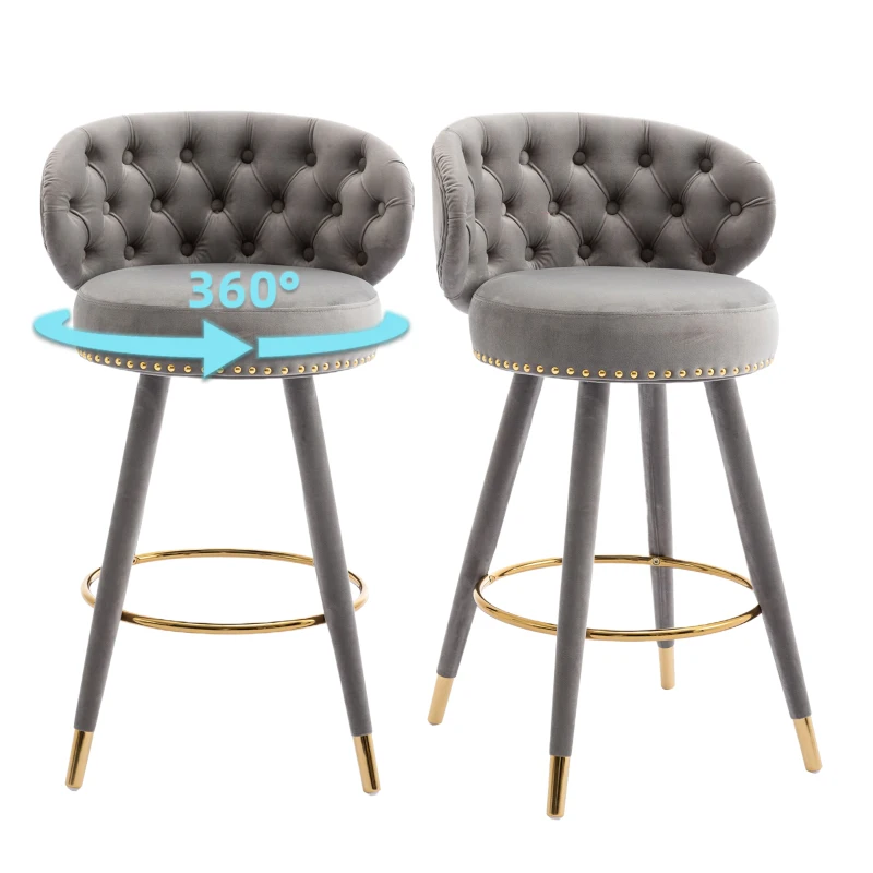 Set di 2 Sgabelli da Bar in Velluto con Schienale, Rotazione a 360° e Gambe in Legno per Casa, Cucina, e Ristoranti, Grigio
