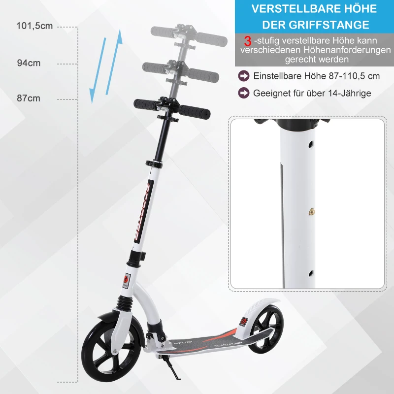 HOMCOM Kinderscooter, Kickscooter mit Stoßdämpfung, Tretroller, Klappbar und Höheverstellbar, ab 14 Jahren, Aluminium, Weiß, 92,5 x 37,5 x 82-97 cm