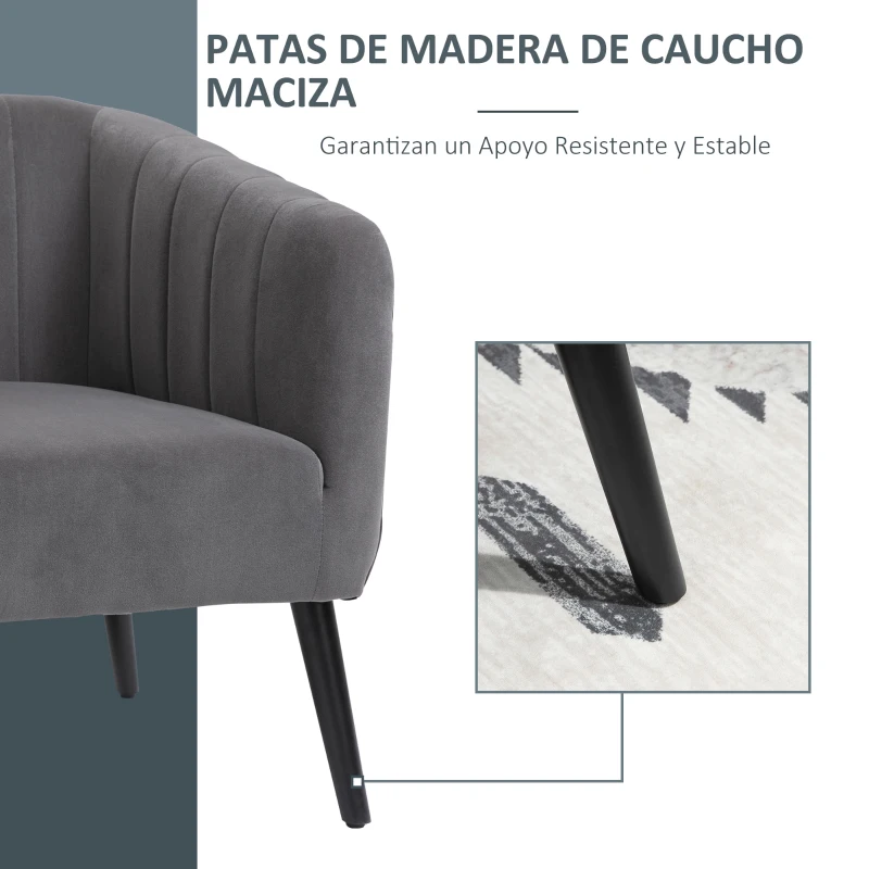 HOMCOM Sillón Nórdico Acolchado Silla Individual Tapizada en Terciopelo Vintage de Madera con Patas y Reposabrazos 71x65x76 cm Gris
