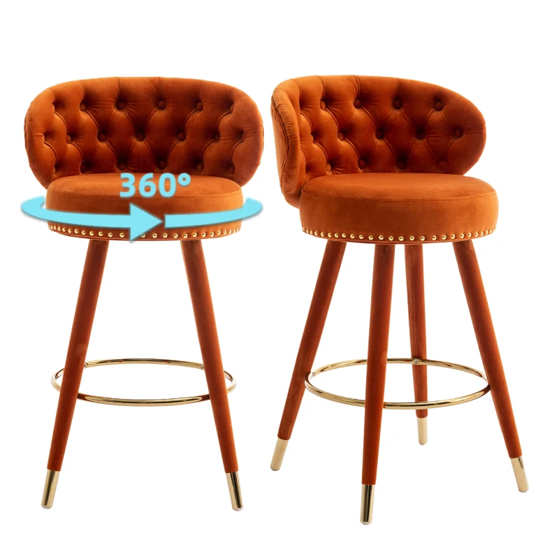 Set di 2 Sgabelli da Bar in Velluto con Schienale, Rotazione a 360° e Gambe in Legno per Casa, Cucina, e Ristoranti, Arancione