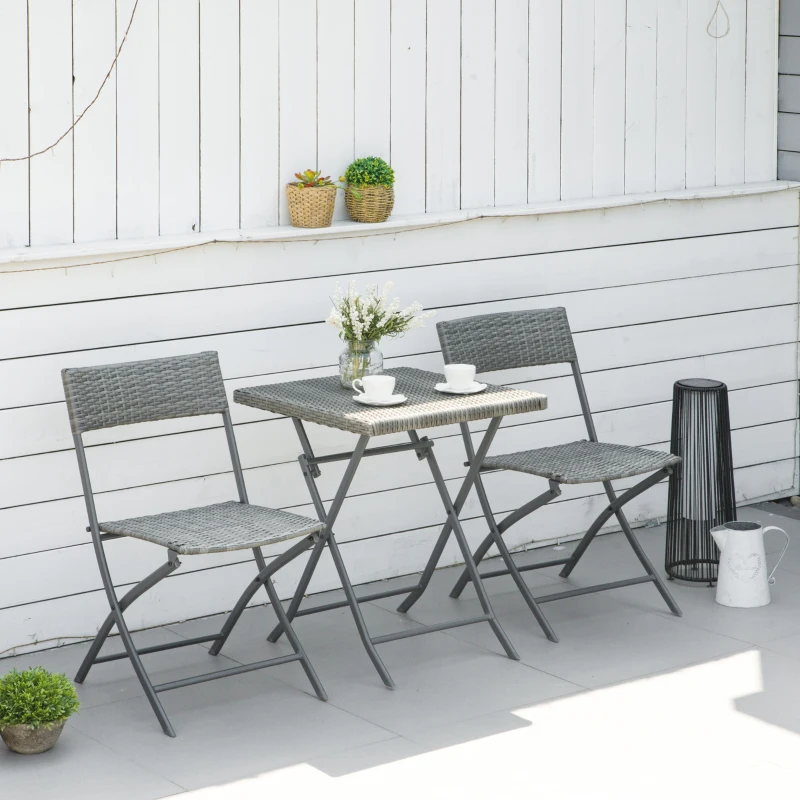 Outsunny 2-Seater Chair Bistro Set Garden Patio Table & Chair Black Rattan Furniture Grey
