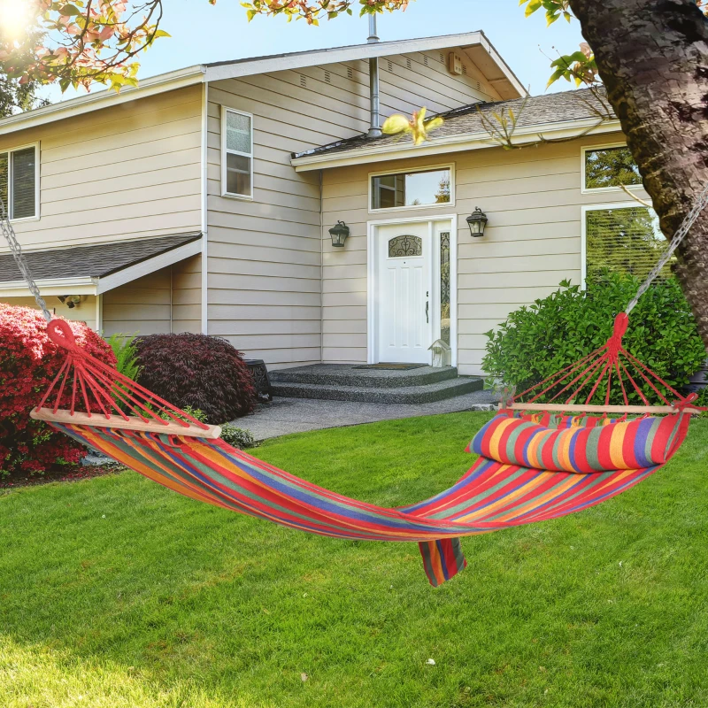 Outsunny Cotton Hammock Soft Portable Swing Sleeping with Headrest & Side Pocket - Deluxe Swing Chair for Beach, Yard, Bedroom, Patio, Porch, Indoor, Outdoor, 270 x 80 cm