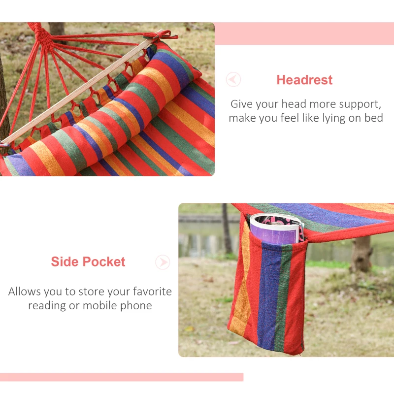 Outsunny Cotton Hammock Soft Portable Swing Sleeping with Headrest & Side Pocket - Deluxe Swing Chair for Beach, Yard, Bedroom, Patio, Porch, Indoor, Outdoor, 270 x 80 cm