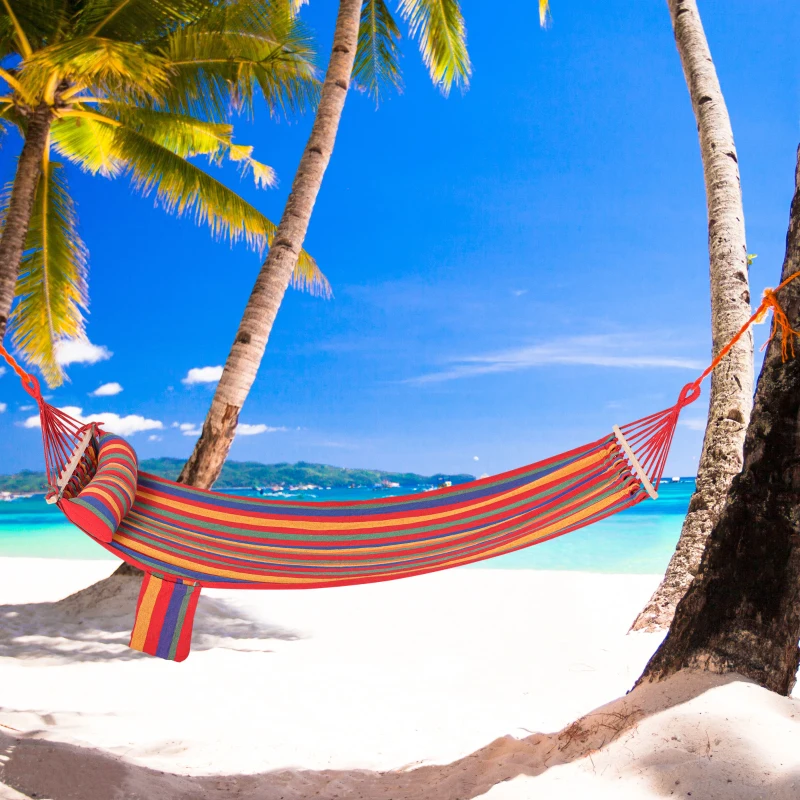 Outsunny Cotton Hammock Soft Portable Swing Sleeping with Headrest & Side Pocket - Deluxe Swing Chair for Beach, Yard, Bedroom, Patio, Porch, Indoor, Outdoor, 270 x 80 cm