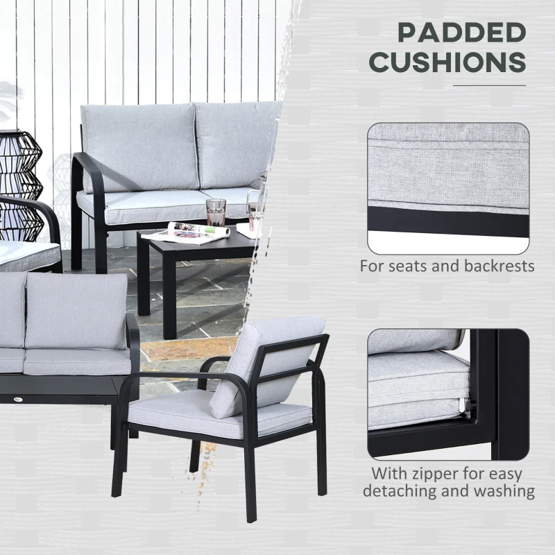 Outsunny 4pcs Garden Sofa Set 2 Single Armchair, 1 Bench & 1 Coffee Table Set Aluminum Frame Patio Furniture with Cushions, Black