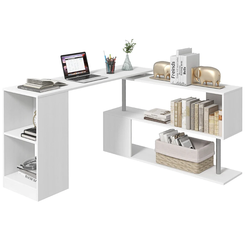 HOMCOM L-Shape Corner Home Office Computer Desk 360° Rotating Corner Desk Storage Shelf Combo Workstation Home Office  Modern Style Corner