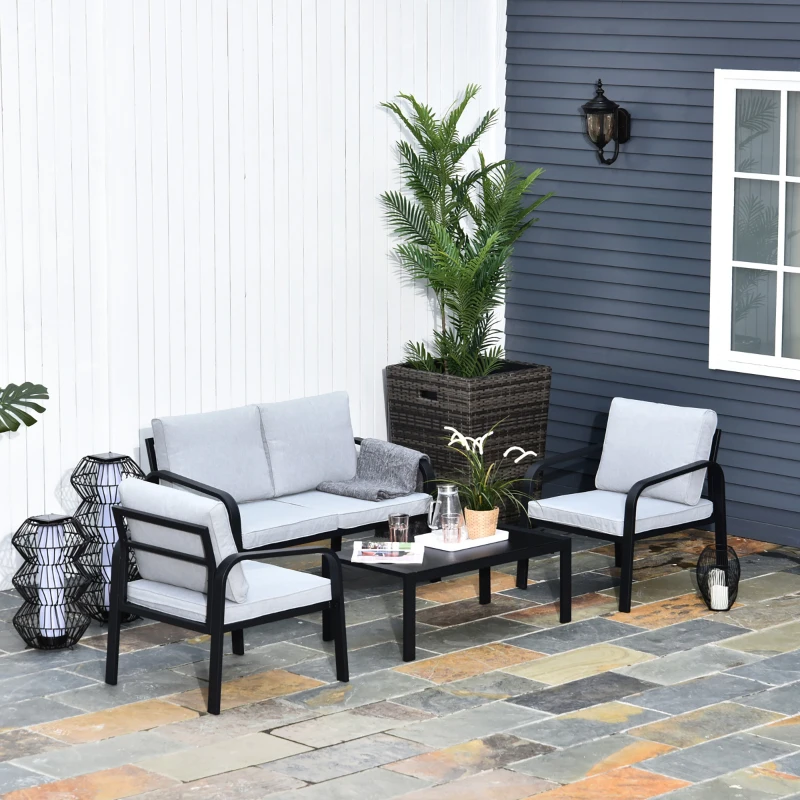 Outsunny 4pcs Garden Sofa Set 2 Single Armchair, 1 Bench & 1 Coffee Table Set Aluminum Frame Patio Furniture with Cushions, Black