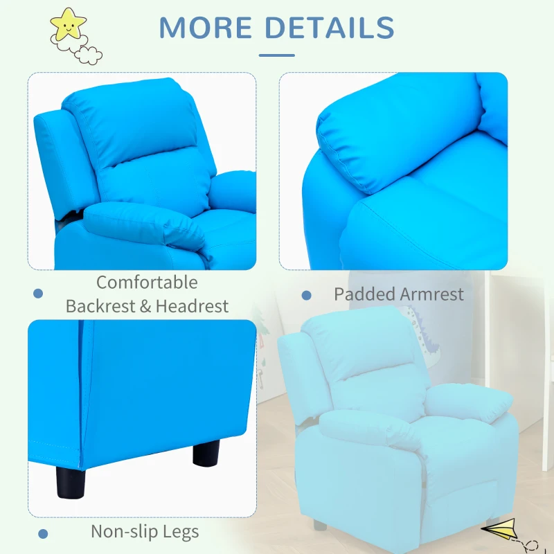 HOMCOM Childrens Recliner Armchair W/ Storage Space on Arms-Blue