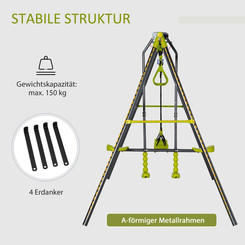Outsunny Kinderschaukel Gartenschaukel mit Metallgestell Schaukelgerüst Schaukelset Klettern Ringe Wippe bis 150 kg Outdoor 365 x 138 x 175 cm