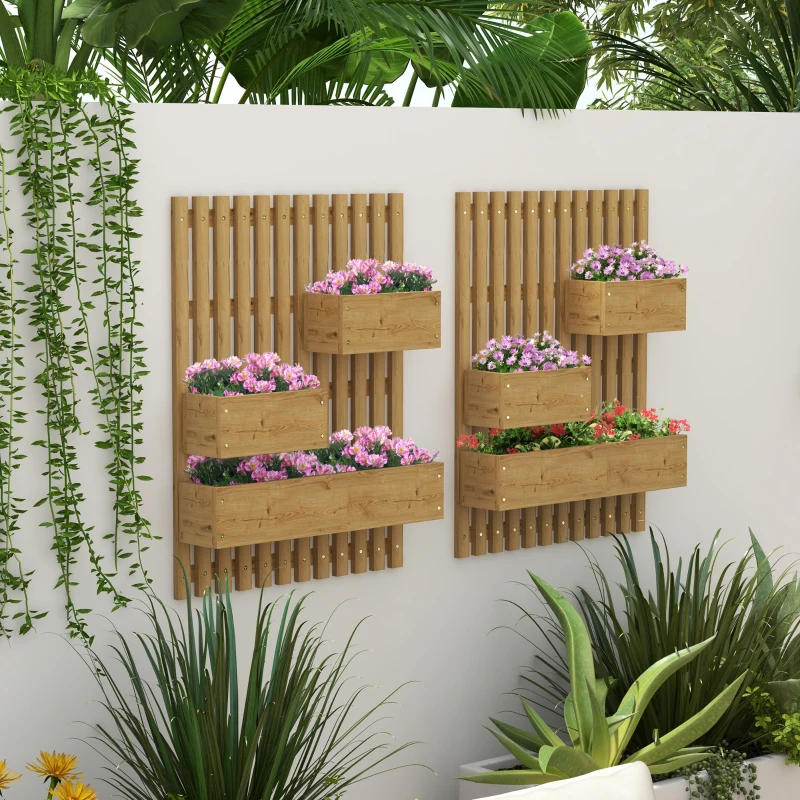 Outsunny Set of 2 Wall-mounted Wooden Garden Planters with Trellis, Drainage Holes and Movable Planter Boxes, Wall Raised Garden Bed for Patio, Carbonised