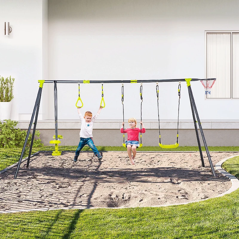 Outsunny Kinderschaukel Gartenschaukel mit Metallgestell Schaukelgerüst Schaukelset Klettern Ringe Wippe bis 150 kg Outdoor 365 x 138 x 175 cm