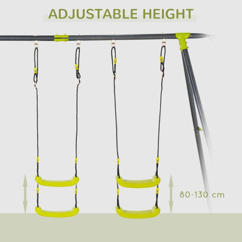 Outsunny 4 IN 1 Kids Garden Swing Set for Backyard, Outdoor Play Equipment, w/ Adjustable Swing Seats, Seesaw, Basket Hoop, Gym Rings, A-Frame Metal Stand, for Ages 3-10 Years