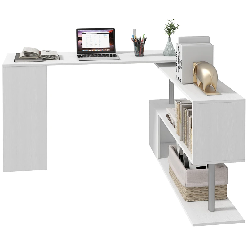 HOMCOM L-Shape Corner Home Office Computer Desk 360° Rotating Corner Desk Storage Shelf Combo Workstation Home Office  Modern Style Corner