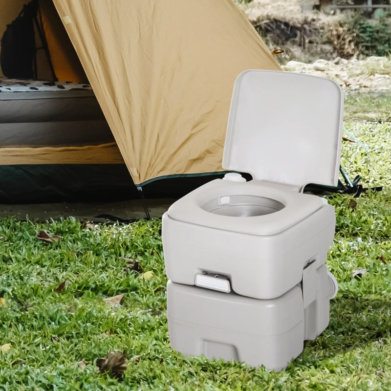 HOMCOM Sanita Portátil Sanita de 20L com Tampa para Campismo Viagem Barco Capacidade Máxima 147 kg 41,5x36,5x42 cm Cinza Claro