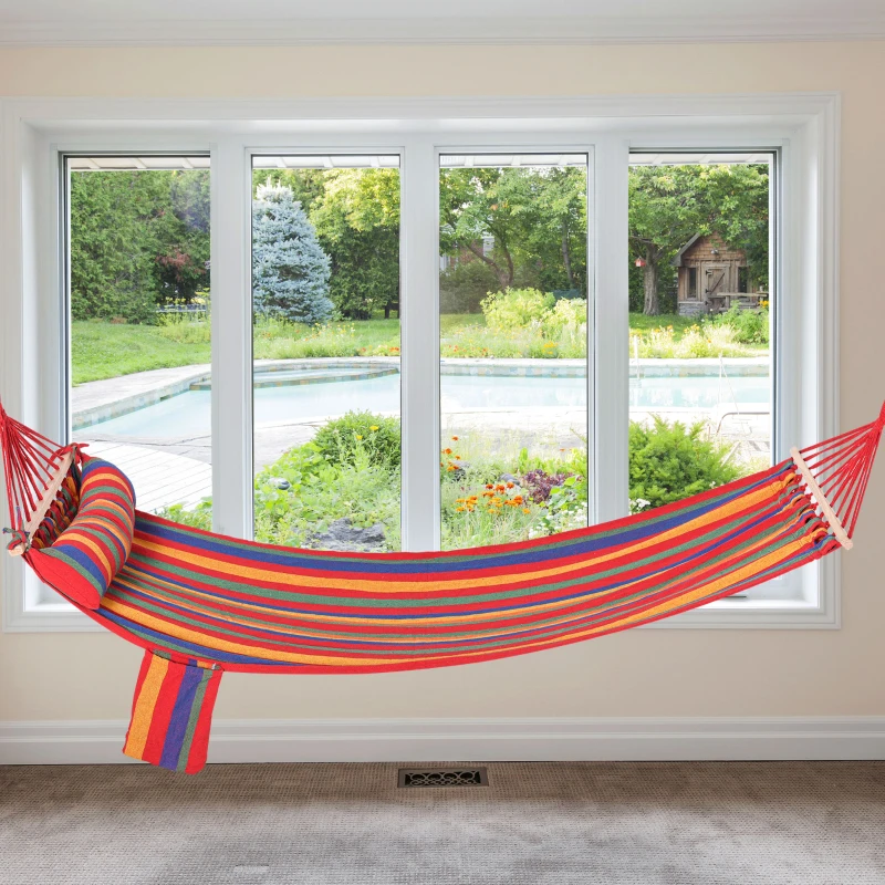 Outsunny Cotton Hammock Soft Portable Swing Sleeping with Headrest & Side Pocket - Deluxe Swing Chair for Beach, Yard, Bedroom, Patio, Porch, Indoor, Outdoor, 270 x 80 cm