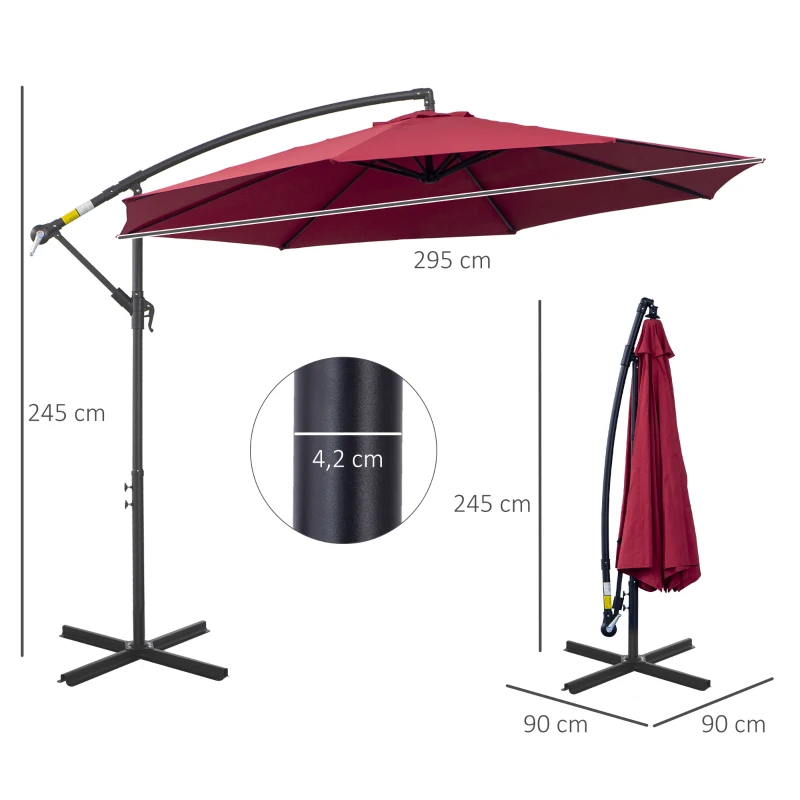 Outsunny Ampelschirm Ø300 cm neigbar Sonnenschirm mit UV-Schutz Kurbelschirm mit Ständer, Kurbelvorrichtung, Marktschirm Gartenschirm Sonnenschutz für Balkon Garten Terrasse Rot