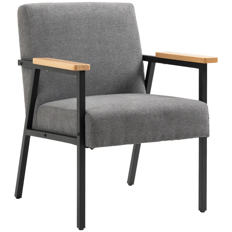 HOMCOM Poltrona Moderna Estofada em Poliéster com Apoio para os Braços de Madeira e Pés de Aço 64x5x70x83,5 cm Cinza