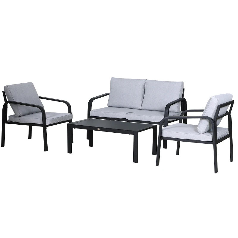 Outsunny 4pcs Garden Sofa Set 2 Single Armchair, 1 Bench & 1 Coffee Table Set Aluminum Frame Patio Furniture with Cushions, Black