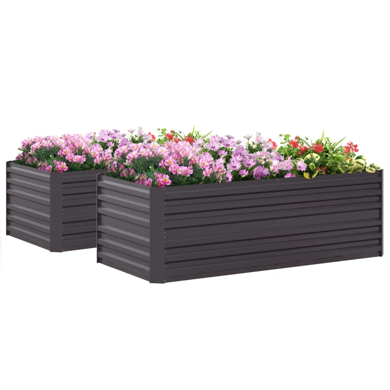 Outsunny Set of 2 Raised Beds for Garden, Galvanised Steel Outdoor Planters with Multi-reinforced Rods for Vegetables, Plants, Flowers and Herbs, 180 x 90 x 59 cm, Dark Grey