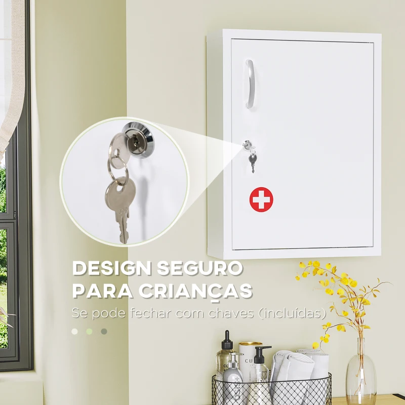 kleankin Armário de Parede de Aço para Medicamentos de 3 Níveis com Fechadura e 2 Chaves para Casa de Banho 40x15x53,5 cm Branco
