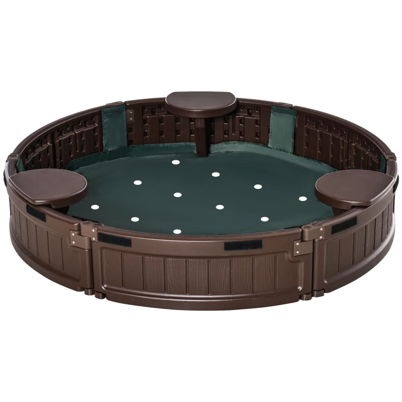Outsunny Sand Pit Kids Outdoor Plastic Round Sandbox with Water-Resistant Oxford Cover and Bottom Fabric Liner for Ages 3-12, Brown