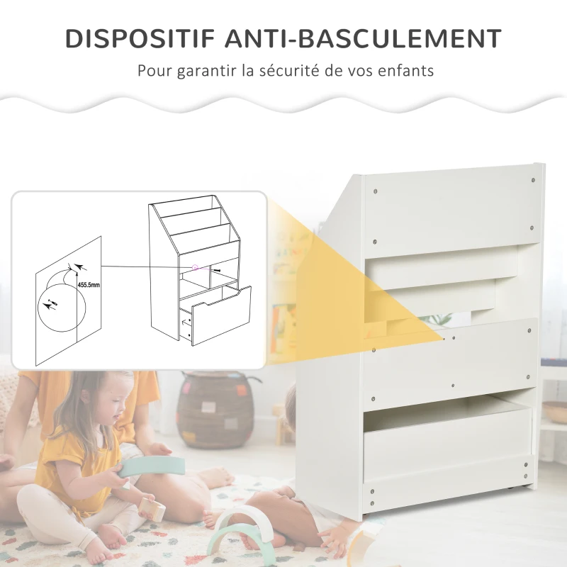 HOMCOM Bibliothèque étagère Multi-Rangement 3 étagères 2 niches Grand tiroir en bois Blanc