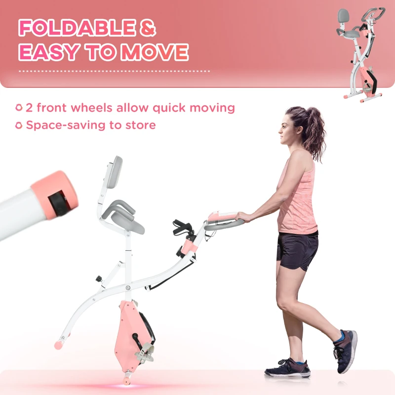 HOMCOM 2-in-1 Folding Exercise Bike with 8-Level Magnetic Resistance, Arm Resistance Band, Pulse Sensor, Pink(m-8)