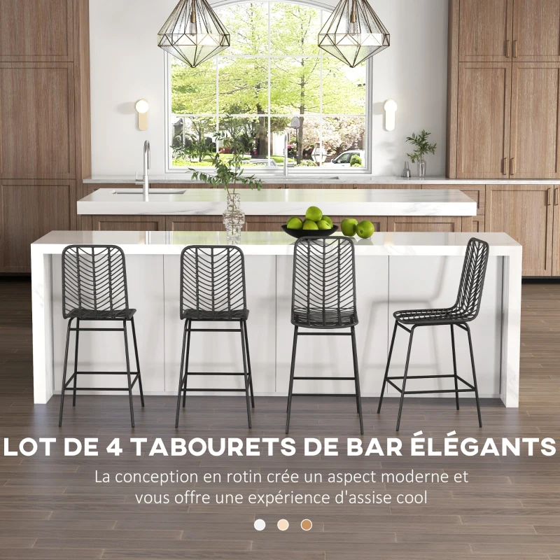 HOMCOM Lot de 4 tabourets de bar design bohème hauteur 66 cm avec repose-pieds métal et rotin PE - noir