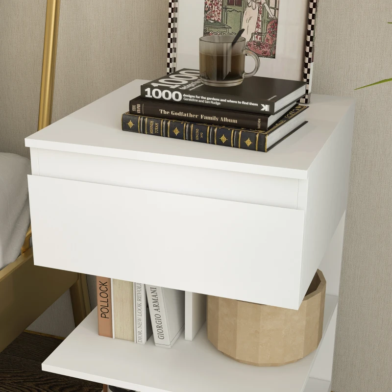 HOMCOM Mesa de Cabeceira Mesa Auxiliar com 1 Gaveta e 2 Prateleiras Abertas para Quarto Sala Estilo Moderno 39x39x65 cm Branco