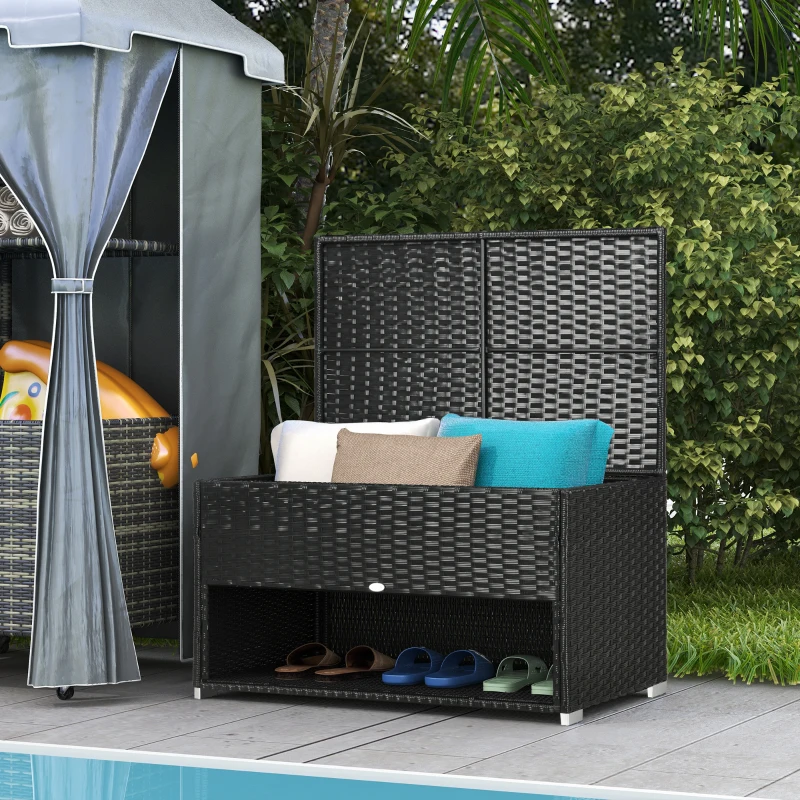Outsunny Rattan Garden Storage Box, Outdoor PE Wicker Deck Doxes w/ Shoe Layer for Indoor, Outdoor, Spa, Black