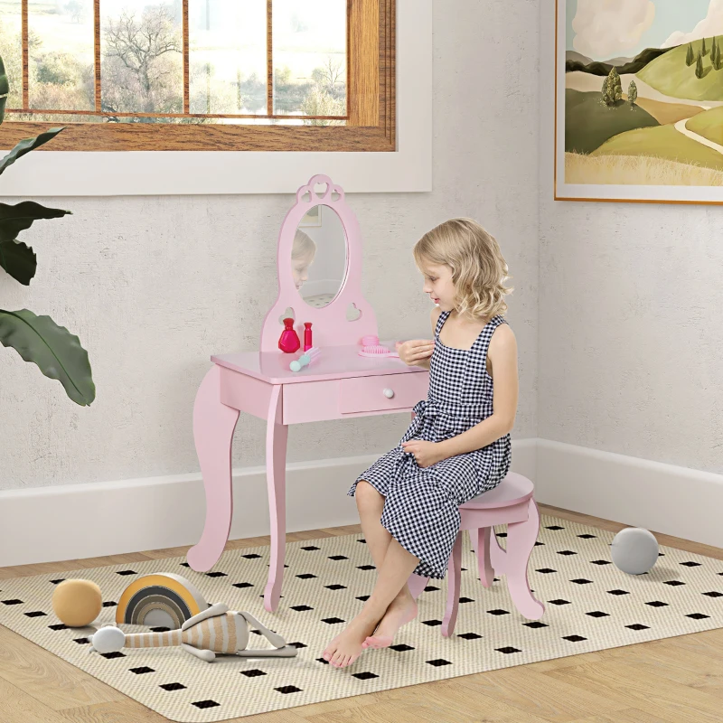 HOMCOM Tavolo Trucco per Bambini con Sgabello in Legno, Toeletta con Specchio e Cassetto, 60x36x88cm, Rosa