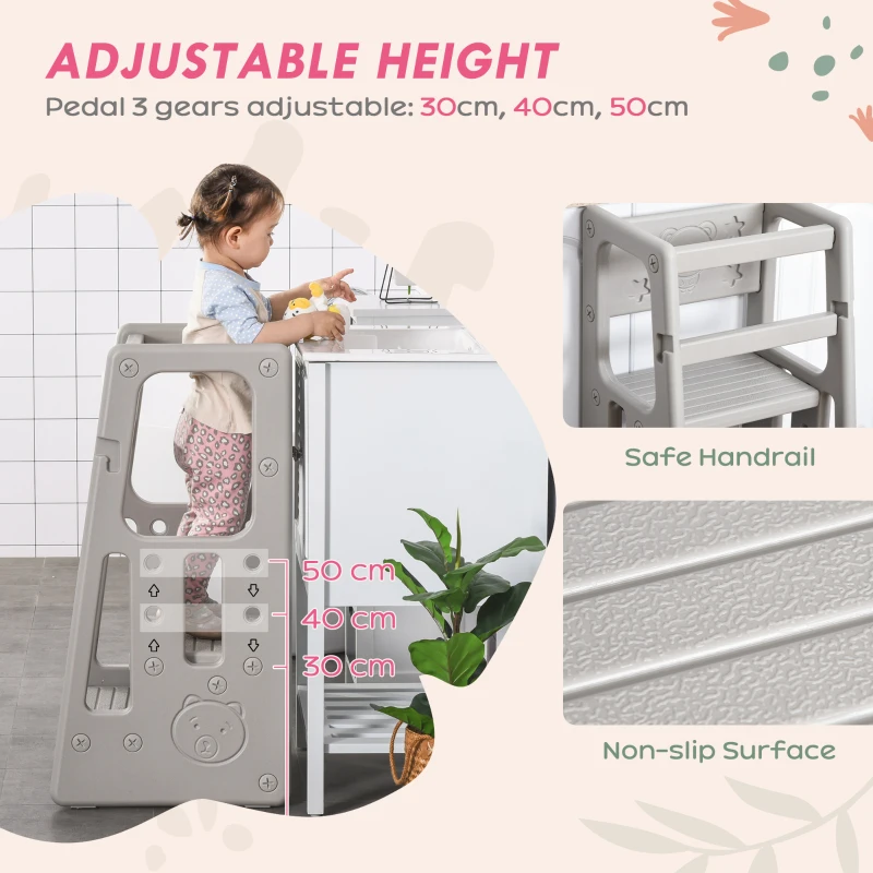 HOMCOM Kids Step Stool, with Adjustable Platform and Non-Slip Mat – Grey