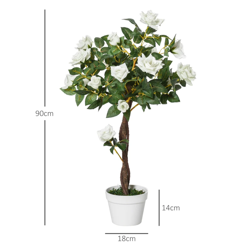Outsunny Conjunto de 2 Plantas Artificiais Rosas Artificiais com 21 Flores e Vaso de Cimento para Decoração de Casa Verde e Branco