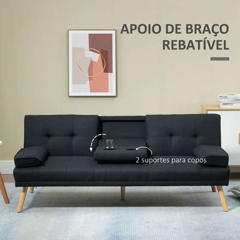 HOMCOM Sofá Cama 3 Lugares com Encosto Ajustável Apoio para os Braços Desmontável e 2 Suportes para Copos 181x77x78 cm Cinza