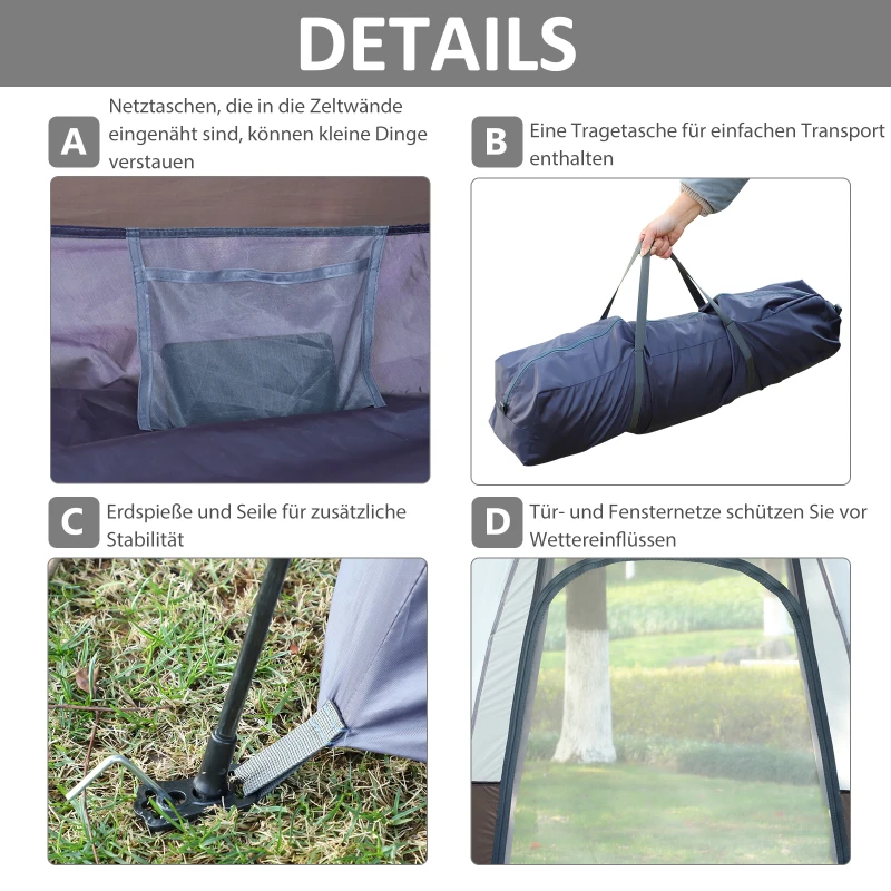 Outsunny Namiot kopułowy, Campingowy dla 3-4 Osób, 260 cm x 260 cm x 150 cm, Szary + Czarny