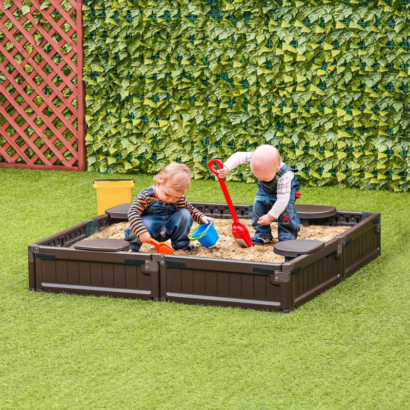 Outsunny Kids Outdoor Sandbox w/ Canopy Bottom Fabric Liner for 3-12 years old Brown