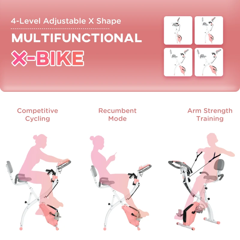 HOMCOM 2-in-1 Folding Exercise Bike with 8-Level Magnetic Resistance, Arm Resistance Band, Pulse Sensor, Pink(m-9)