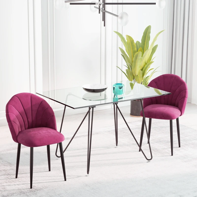 HOMCOM Set de 2 Scaune tapitate de sufragerie fara cotiere, spatar curbat fucsia